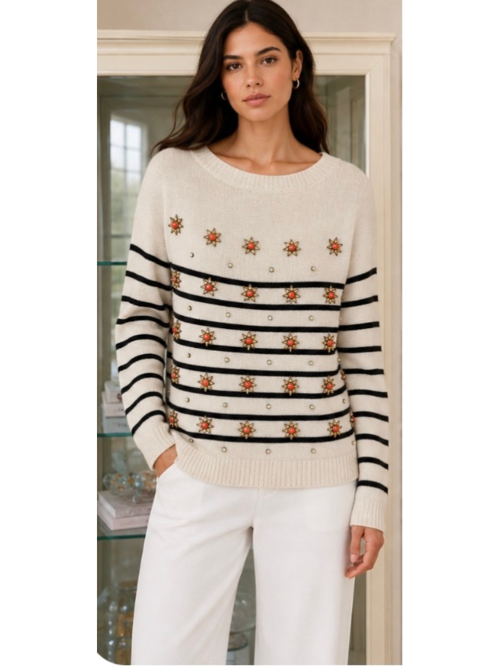 Gucci Striped Crew Neck Sweater XL Beige & Black Beaded 100% Cashmere NWT!